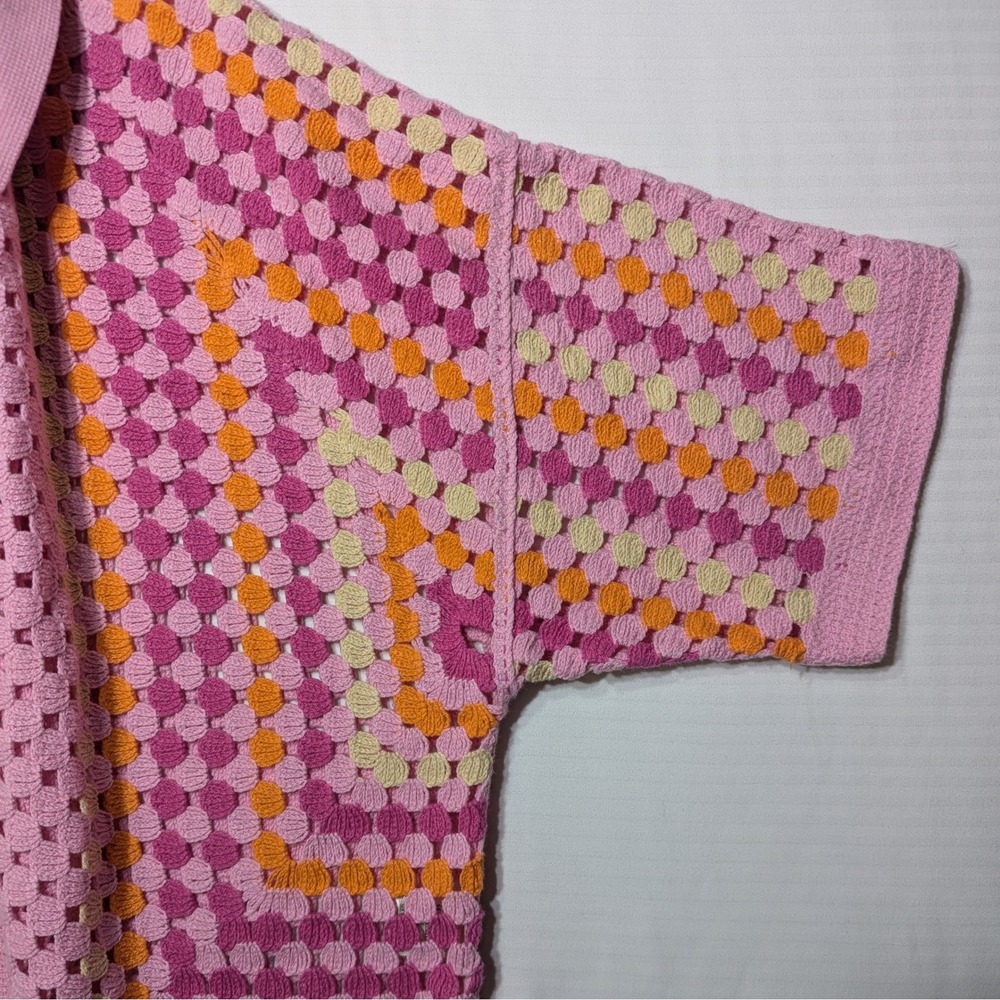 Crochet Open Stitch Pink Patchwork Boho Button Front Polo Cardigan Top M L - Picture 4 of 8